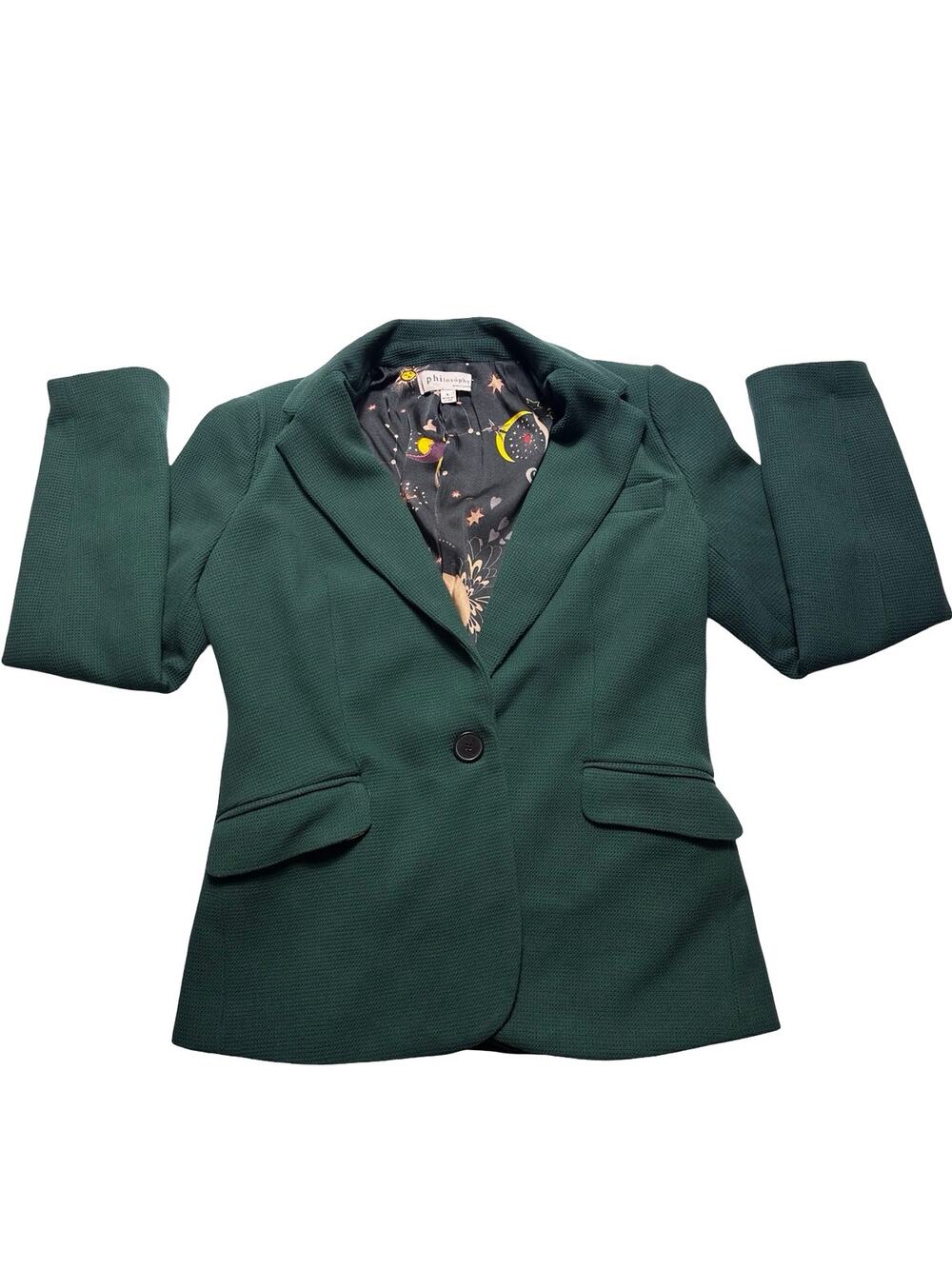 Philosophy Green Textured One-Button Blazer w/ Celestial Print Lining Size 6